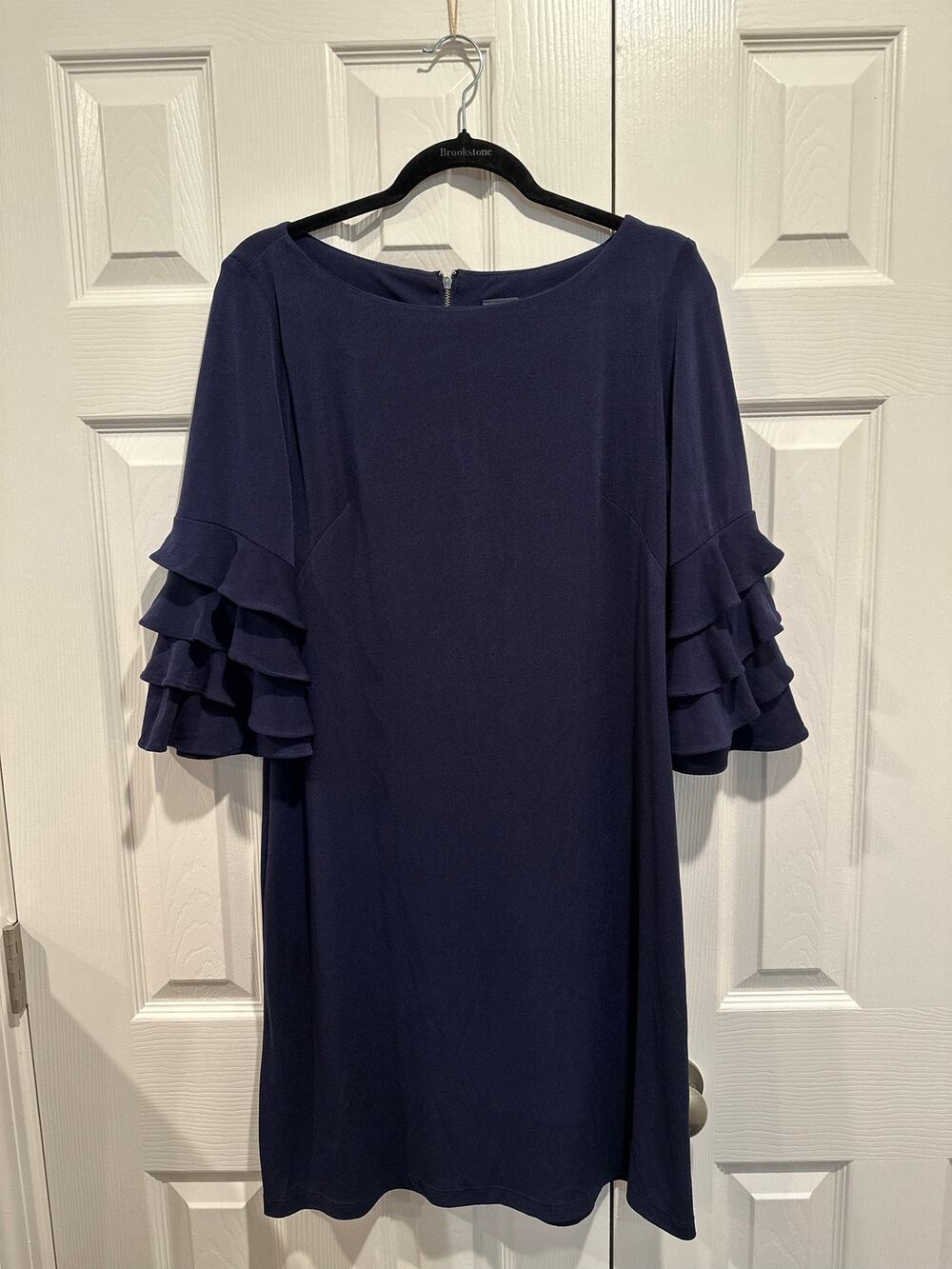 Gabby Skye Navy Blue Tiered Ruffle Sleeve Shift Dress Size 12 Zipper Back